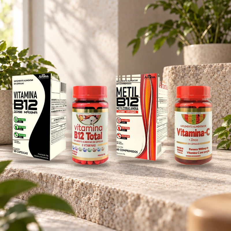 Vitaminas isoladas: B12 Dose Máxima, B12 Total, Metil B12 e Vitamina C + Zinco