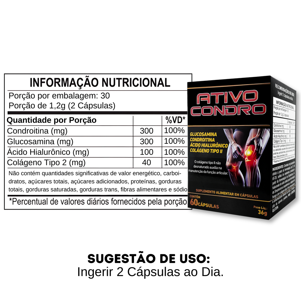 Ativo Condro 60 Cápsulas — Glucosamina, Condroitina, Colágeno Tipo II e Ácido Hialurônico — foto 2