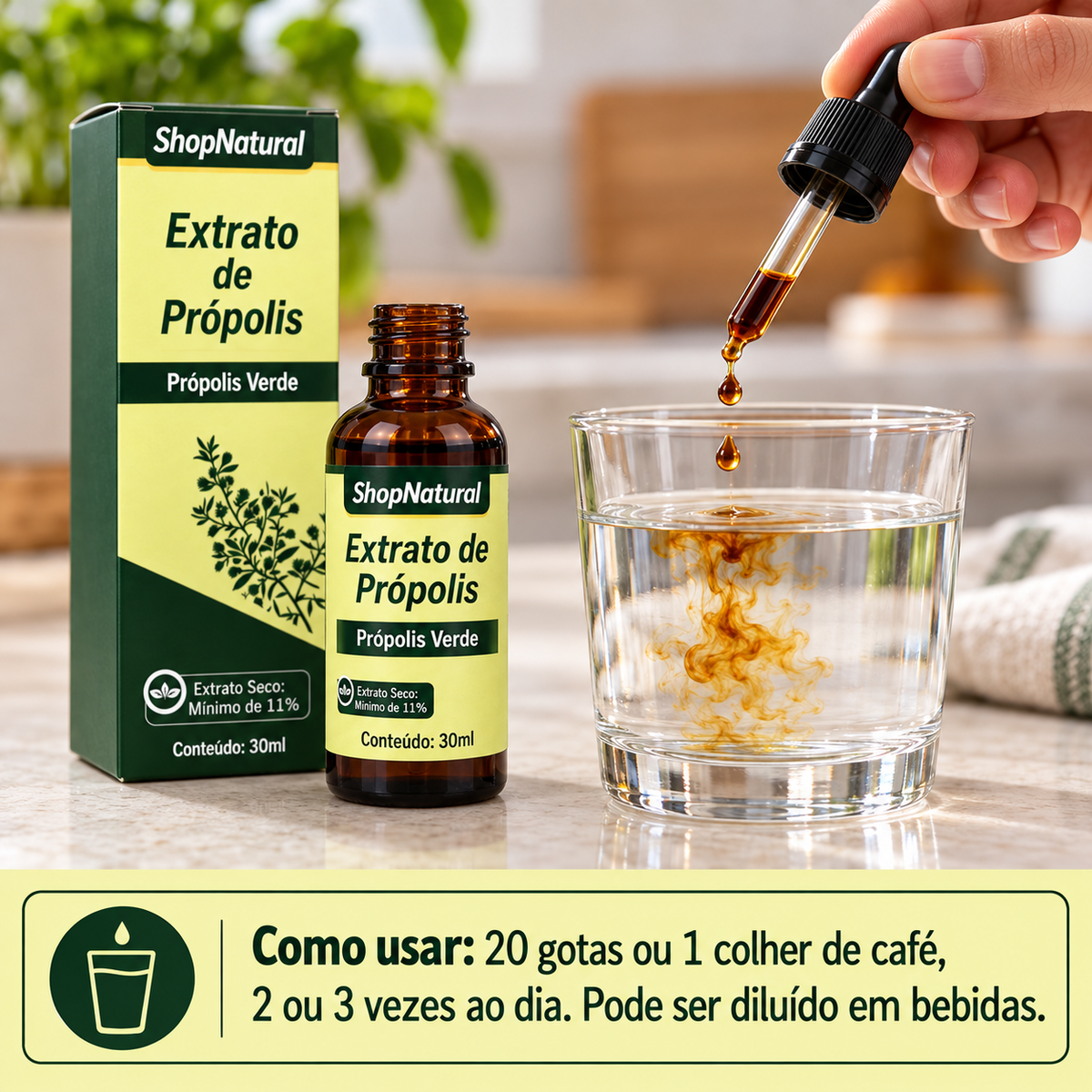 Como usar: 20 gotas ou 1 colher de café, 2 ou 3 vezes ao dia, pode ser diluído em bebidas