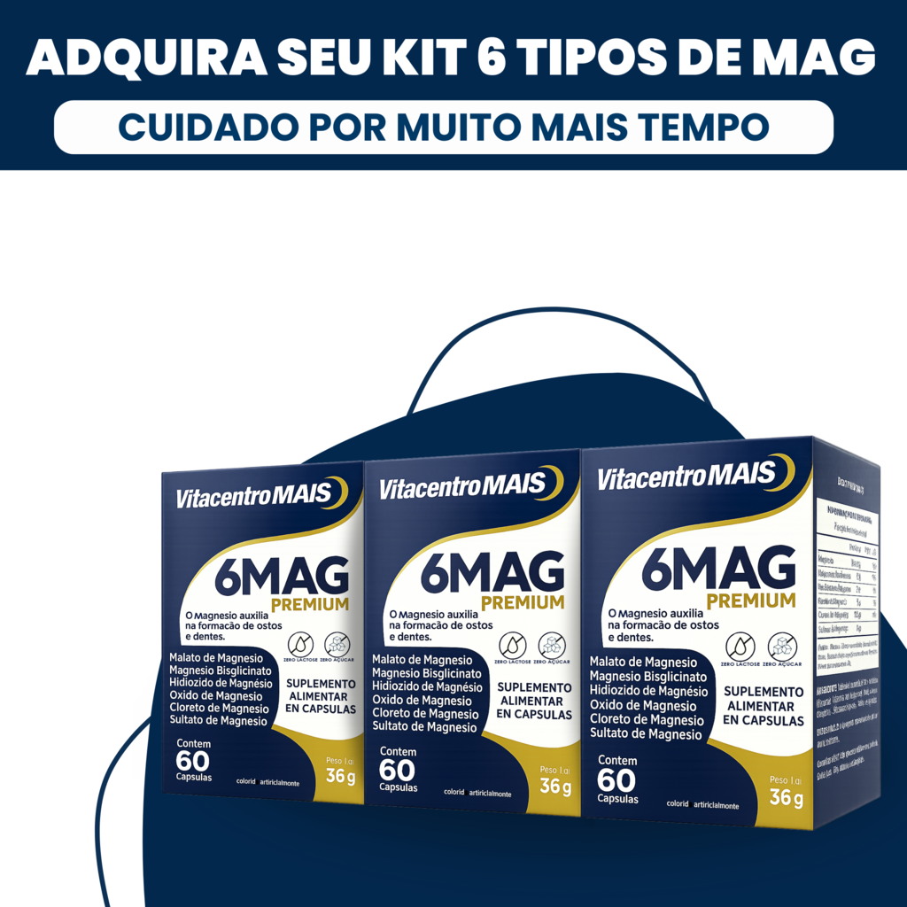 6 Mag Premium 6 Tipos De Magnésio Alta Absorção 60 Cápsulas — Kit 3 Unidades
