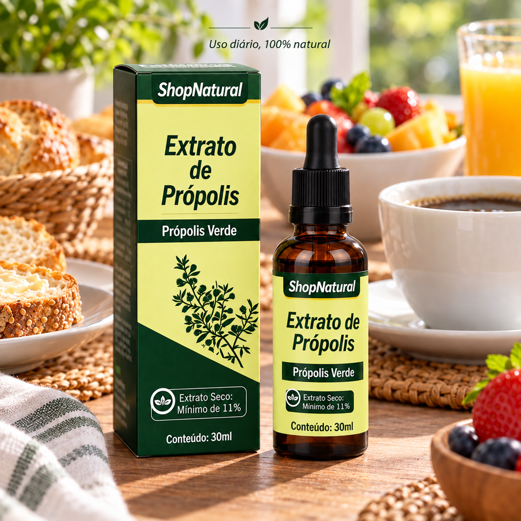 Própolis Verde Tradicional ShopNatural na mesa do café da manhã: uso diário, 100% natural