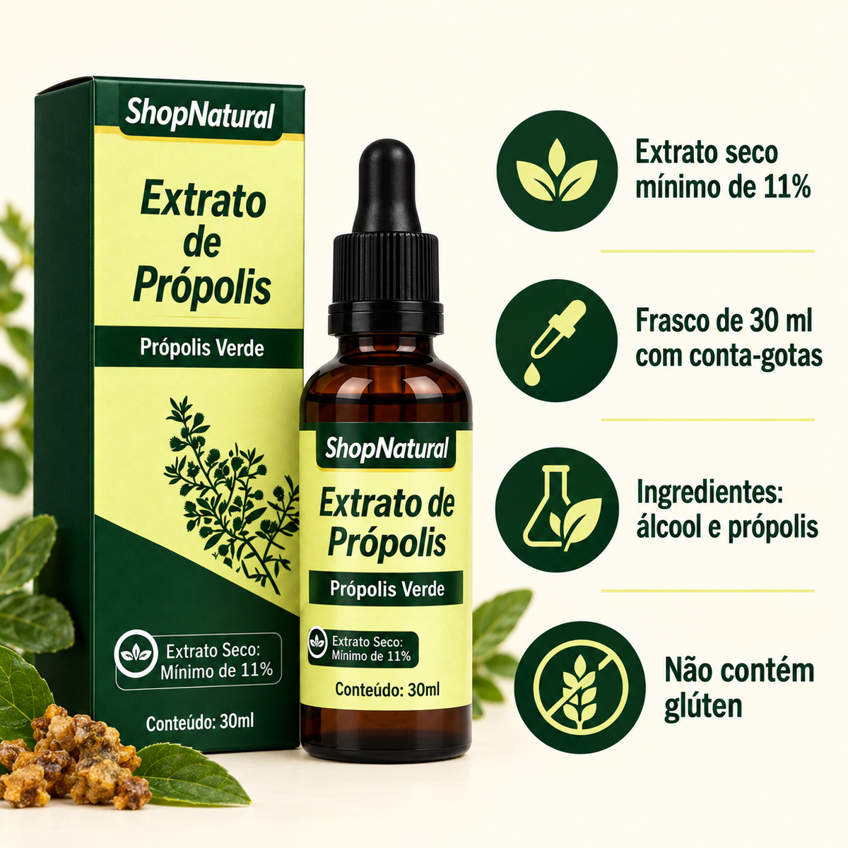 Própolis Verde Tradicional ShopNatural: extrato seco mínimo de 11%, frasco de 30 ml com conta-gotas, ingredientes álcool e própolis, não contém glúten