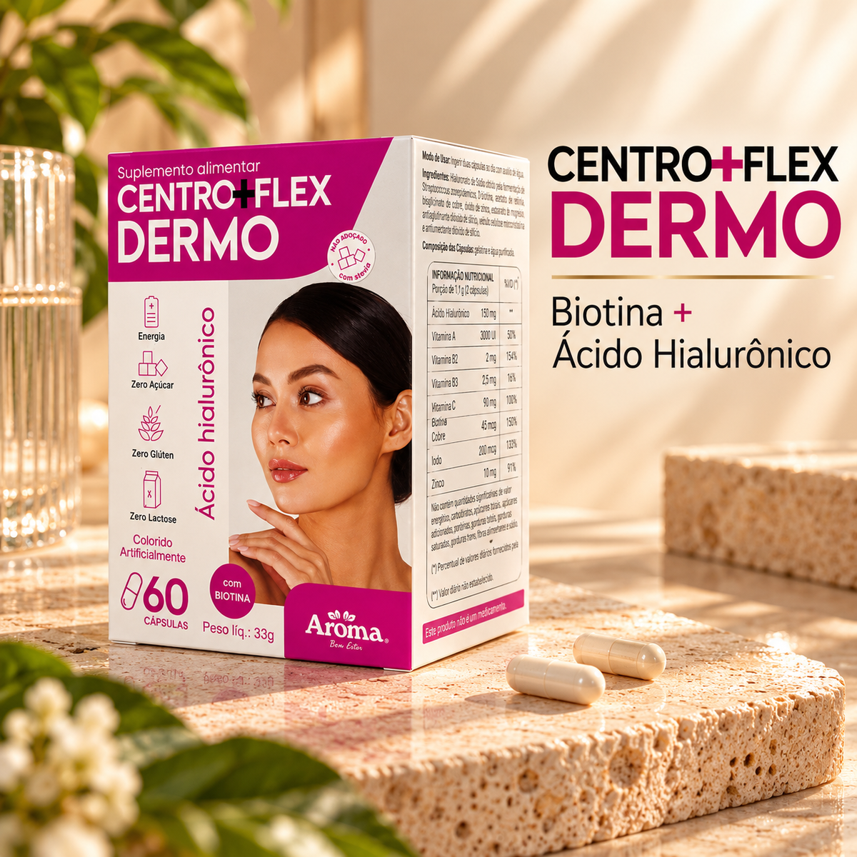 Centro + Flex Dermo | Biotina + Ácido Hialurônico - Cabelo, Pele e Unhas