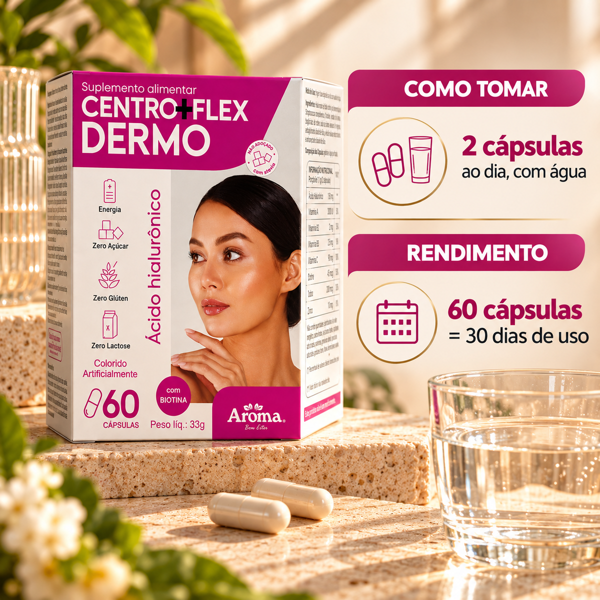 Centro + Flex Dermo | Biotina + Ácido Hialurônico - Cabelo, Pele e Unhas