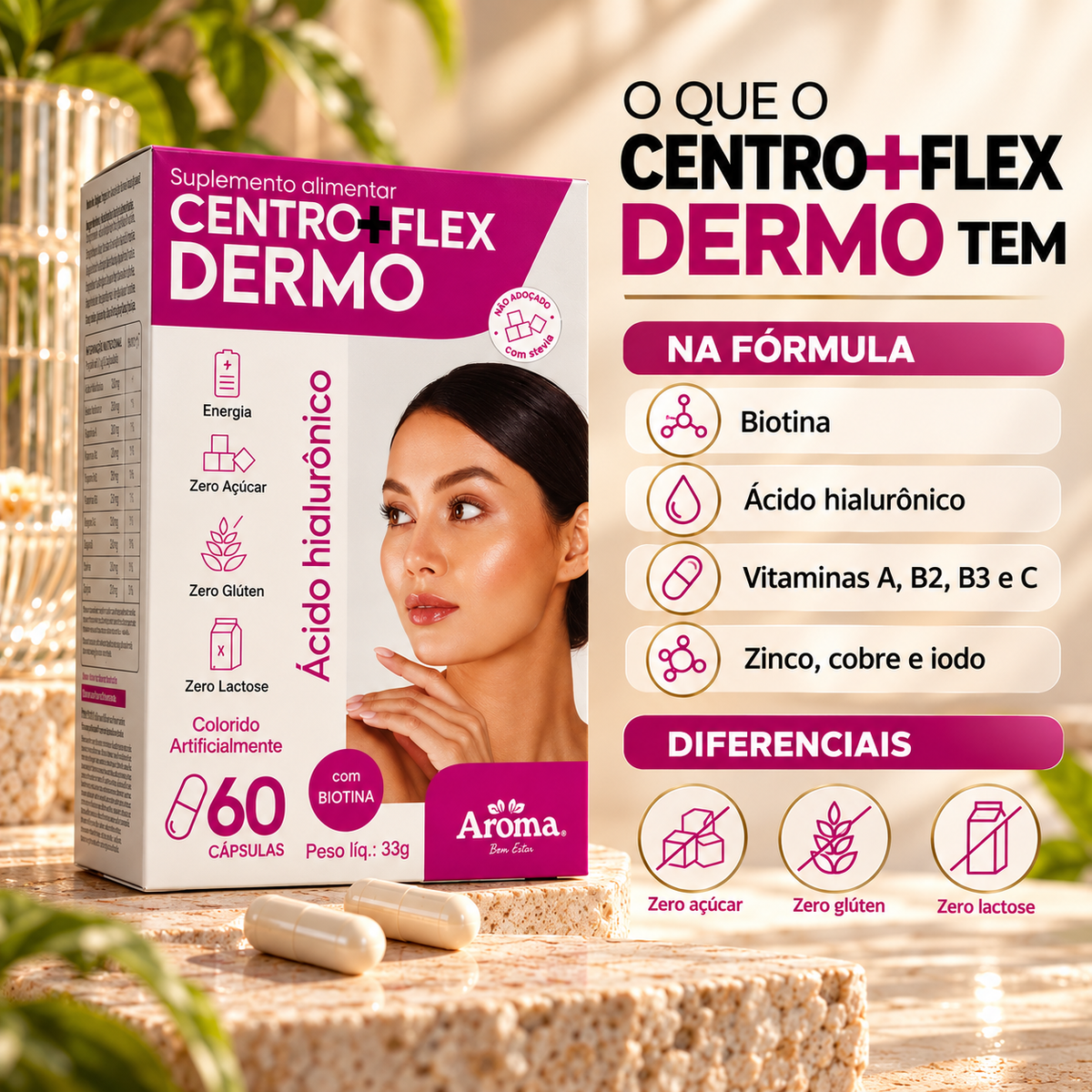 Centro + Flex Dermo | Biotina + Ácido Hialurônico - Cabelo, Pele e Unhas