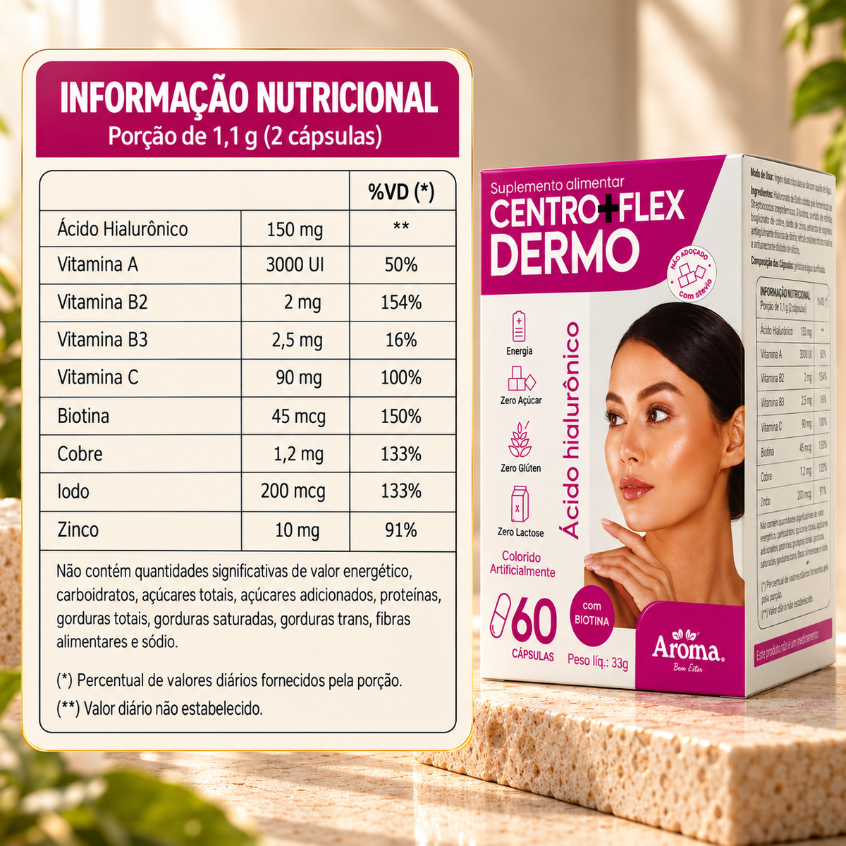 Centro + Flex Dermo | Biotina + Ácido Hialurônico - Cabelo, Pele e Unhas