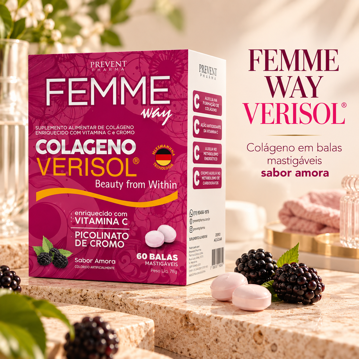 Femme Way Colágeno Verisol Amora Prevent 60 Balas Mastigáveis