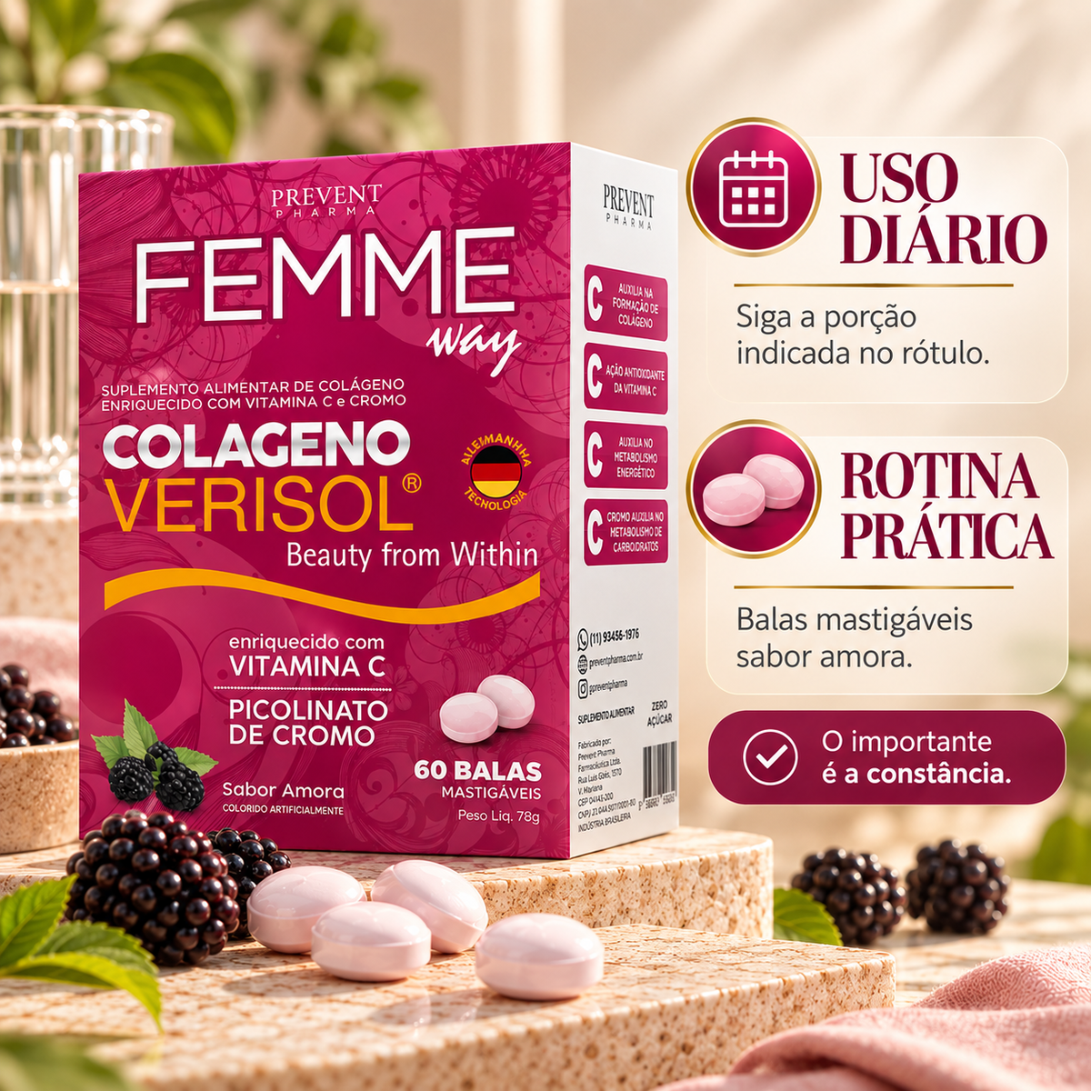 Femme Way Colágeno Verisol Amora Prevent 60 Balas Mastigáveis
