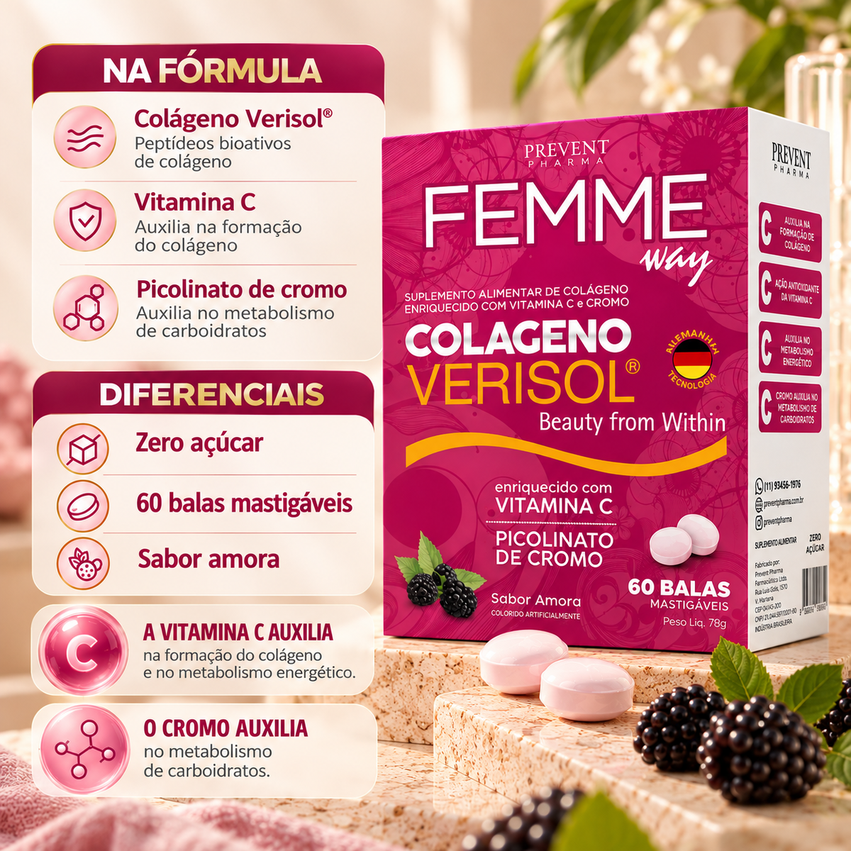 Femme Way Colágeno Verisol Amora Prevent 60 Balas Mastigáveis