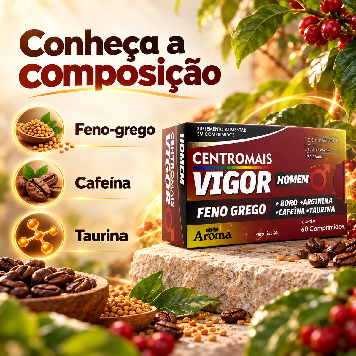 CentroMais Vigor Homem Cafeína 150 mg | 60 Comprimidos