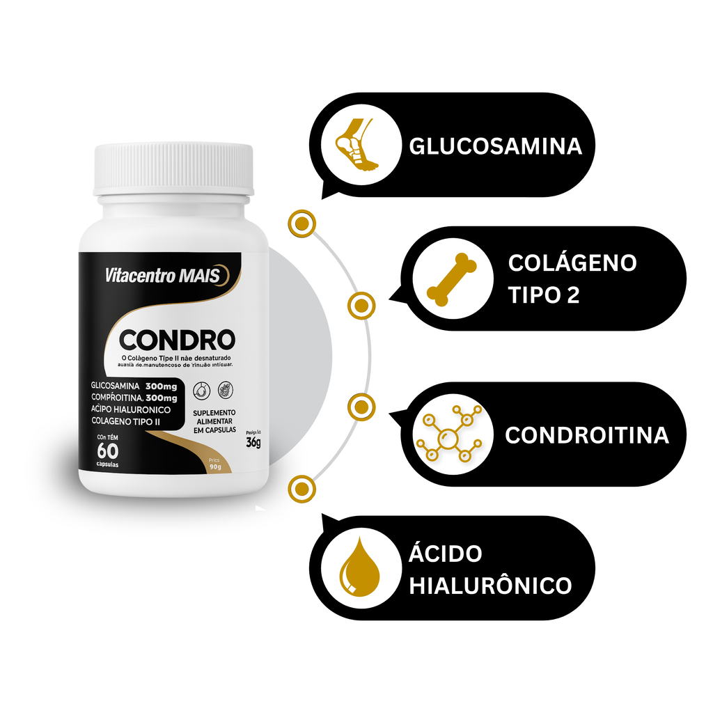 Condro Vitacentro MAIS – Colágeno Tipo II + Glucosamina + Condroitina + Ácido Hialurônico – 60 Cápsulas — foto 4