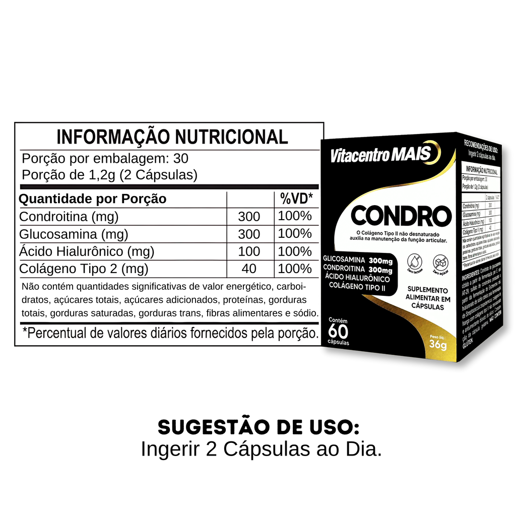 Condro Vitacentro MAIS – Colágeno Tipo II + Glucosamina + Condroitina + Ácido Hialurônico – 60 Cápsulas — foto 8