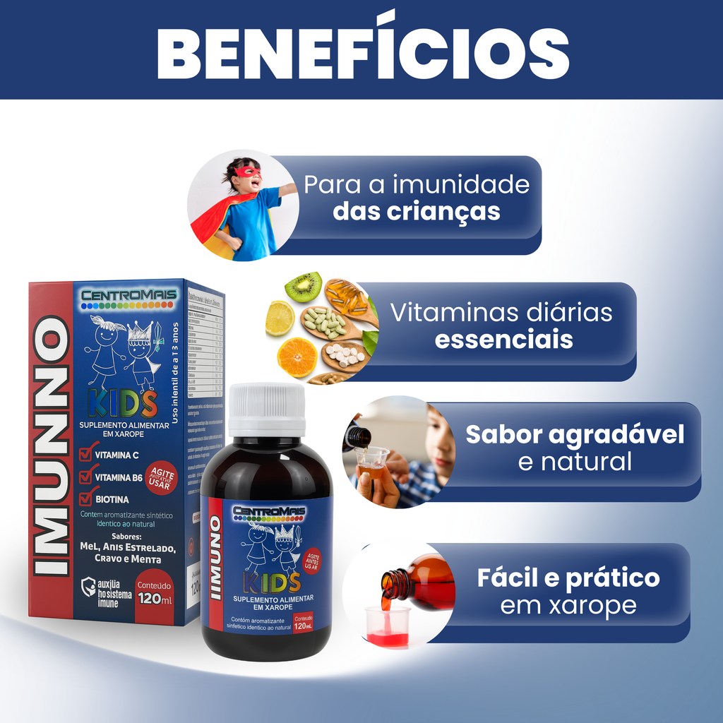 Imunno Kids Xarope 120ml – Vitaminas C, B6 e Biotina | Apoio ao Sistema Imune Infantil — foto 2