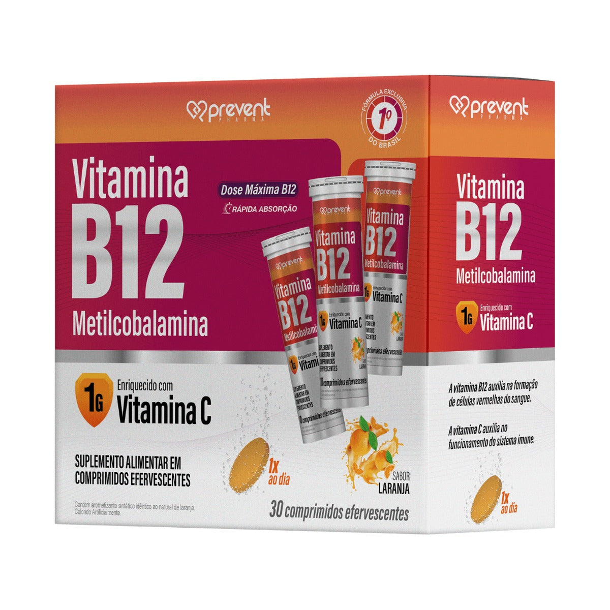 Vitamina B12 + Vitamina C 1g Prevent 30 Comprimidos Efervescentes | Laranja