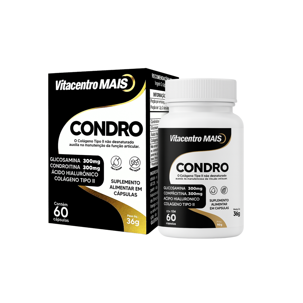 Condro Vitacentro MAIS – Colágeno Tipo II + Glucosamina + Condroitina + Ácido Hialurônico – 60 Cápsulas