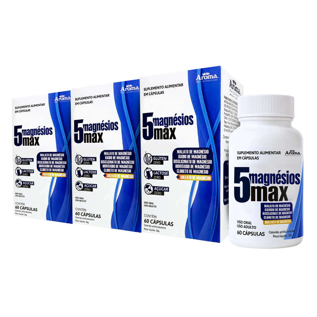 Tetra Magnésio 5 Tipos De Magnésio 600mg Premium - 60 Cápsulas Sem Sabor — Kit 3 Unidades