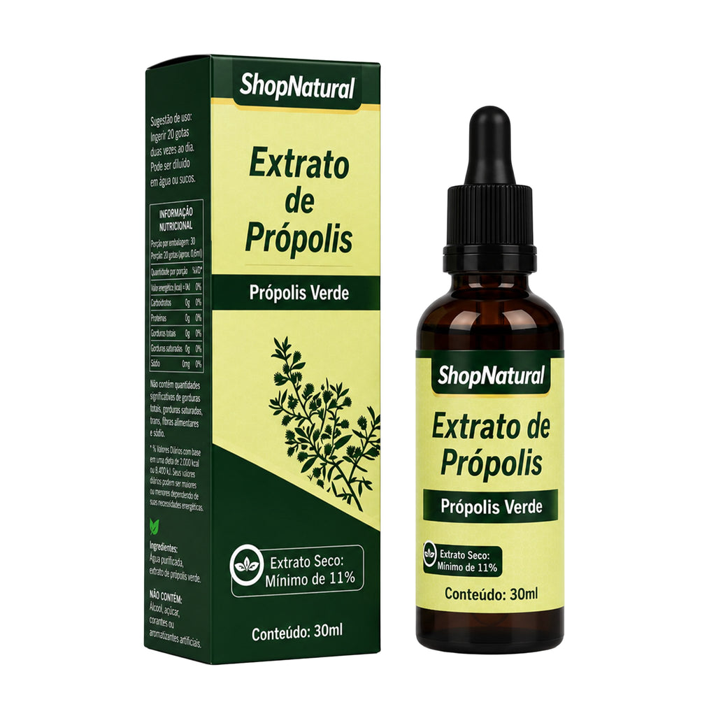 Extrato de Própolis Verde Tradicional ShopNatural 30ml, frasco e caixa