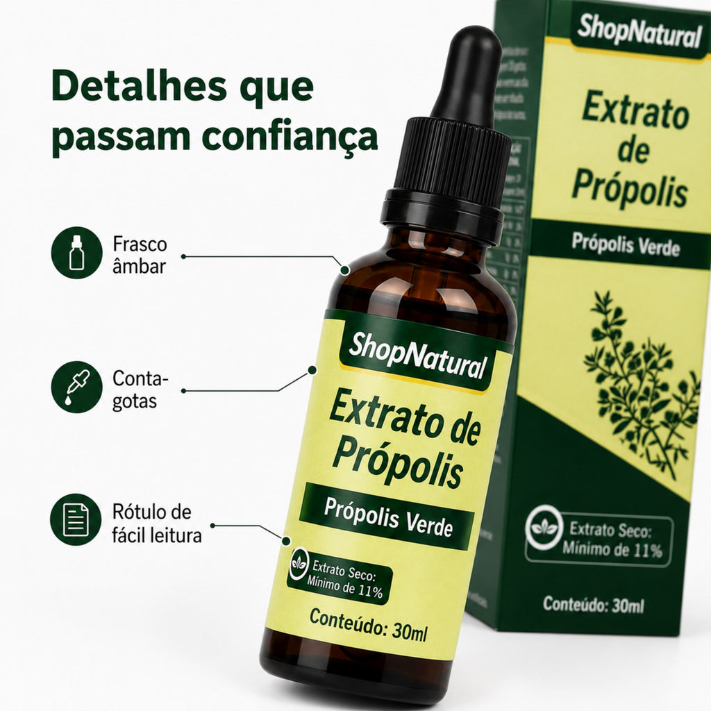 Detalhes do frasco: âmbar, conta-gotas e rótulo de fácil leitura